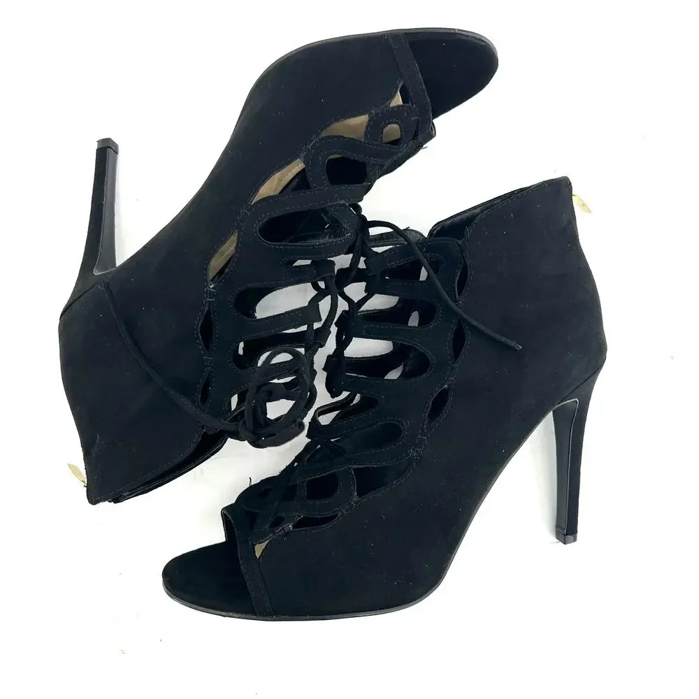 Marc Fisher (10) Urbana Black Faux Suede Lace Up Caged Stiletto Ankle Booties - Picture 3 of 11